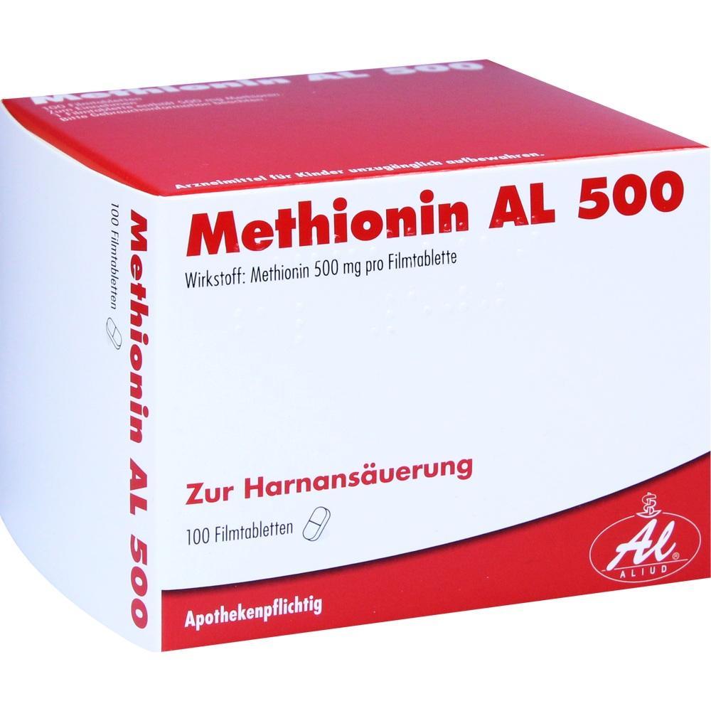 Eine wei&szlig;e Arzneimittelverpackung mit rotem Text "Methionin AL 500".