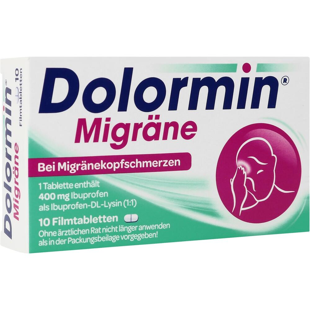 Verpackung von Dolormin Migräne mit 10 Filmtabletten gegen Kopfschmerzen.