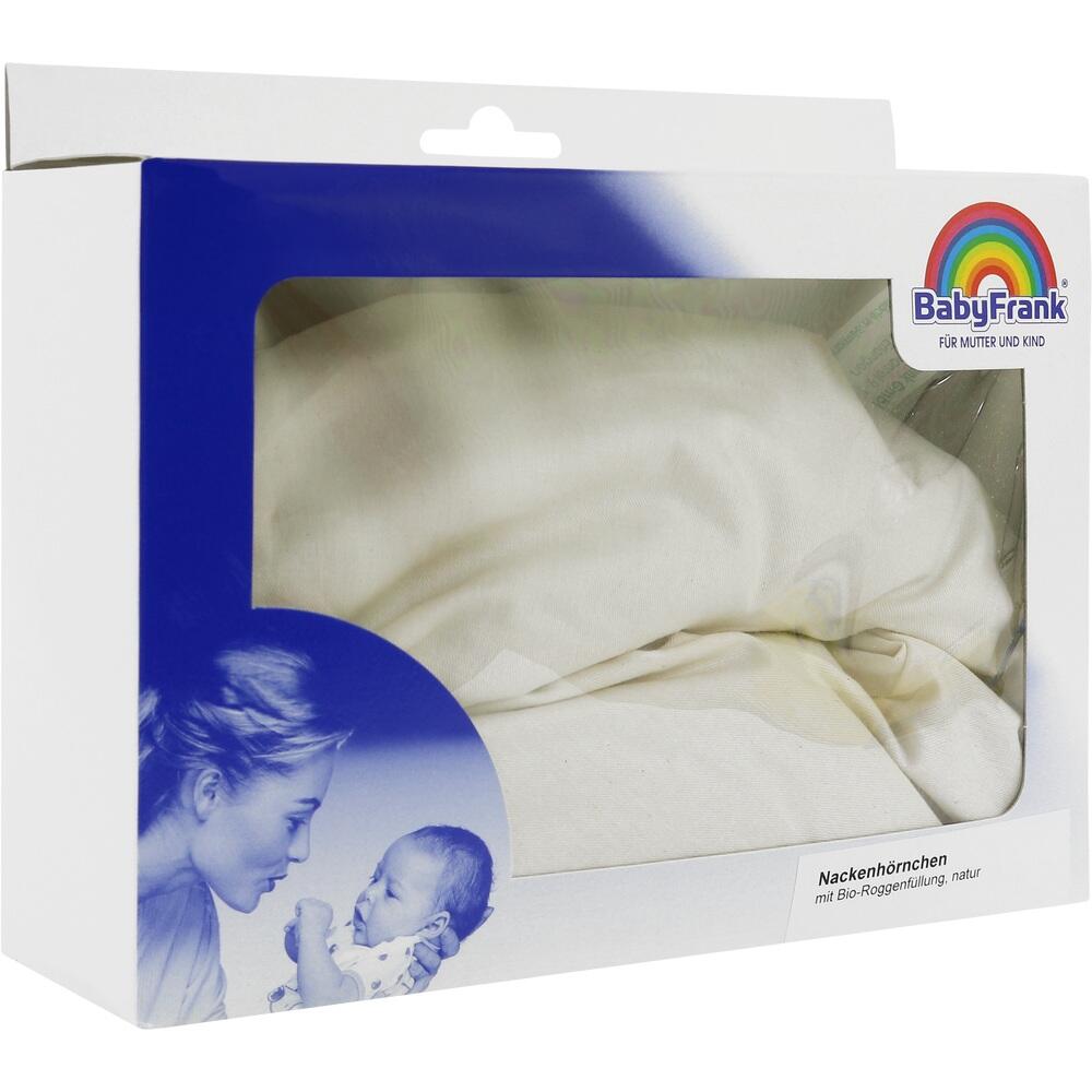 Weiße Verpackung mit Kissen und Bild einer Frau mit Baby.
