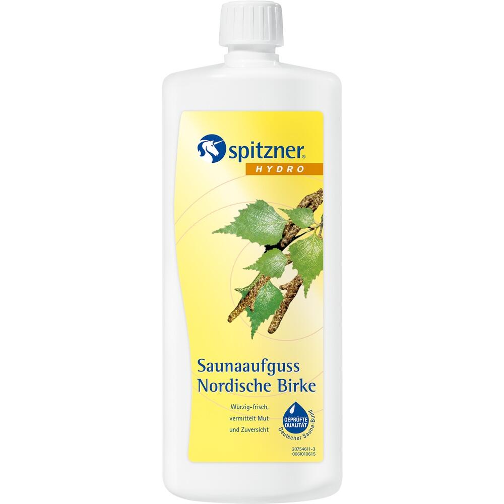 Wei&szlig;e Flasche Saunaaufguss mit dem Bild von Birkenzweigen.