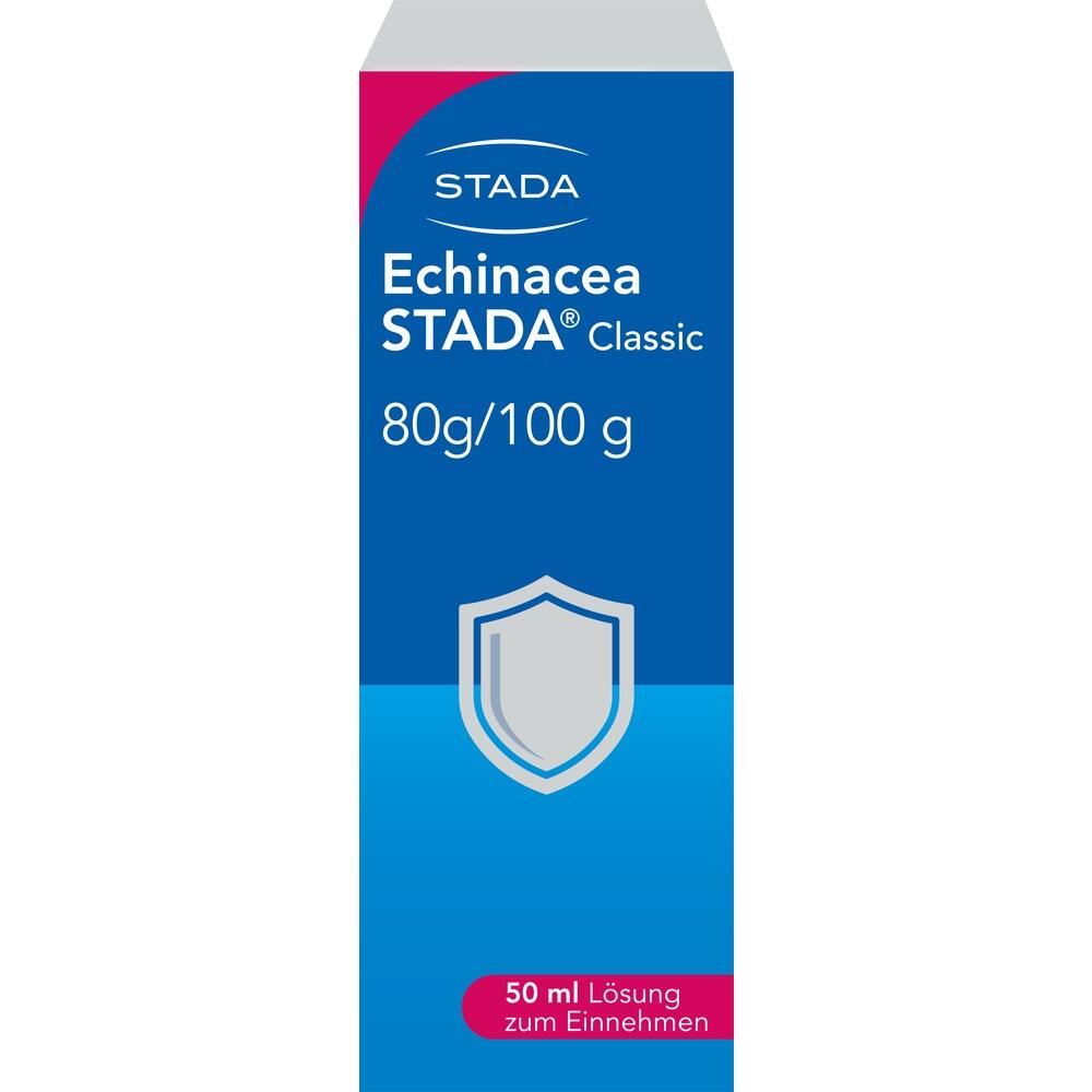 Verpackung von Echinacea STADA mit 50 ml zum Einnehmen in blauer Farbe.