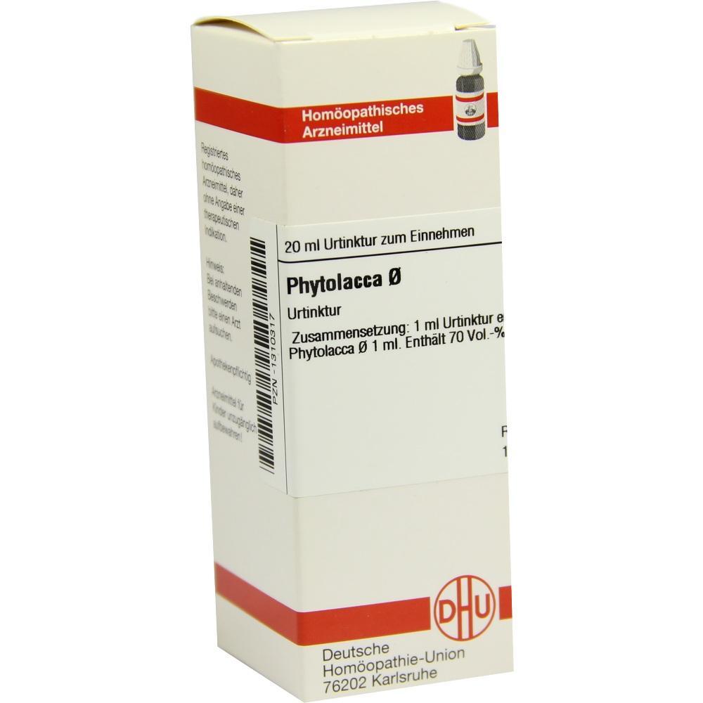 Weiße Medikamentenverpackung mit rotem Streifen und der Aufschrift "Phytolacca Ø".