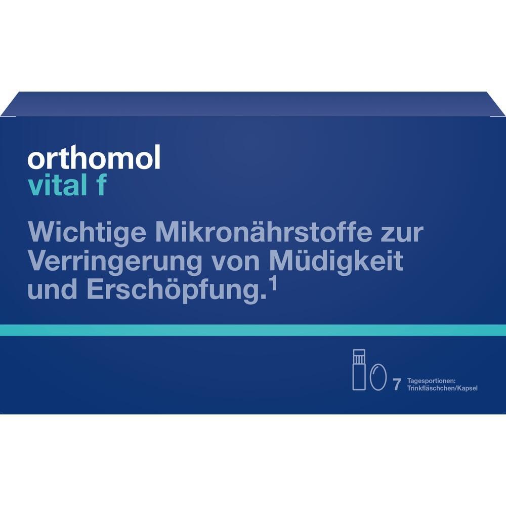 Eine blaue Verpackung von "Orthomol vital f" zur Verringerung von Müdigkeit.