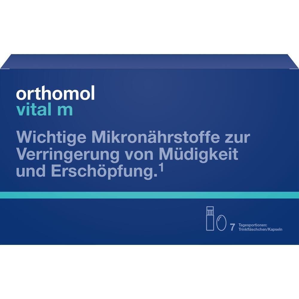 Blaue Verpackung mit der Aufschrift "Orthomol vital m" f&uuml;r mehr Energie.