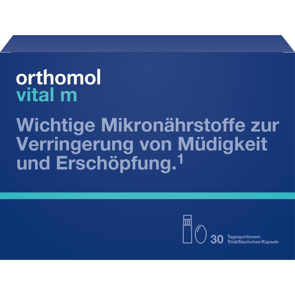 Eine blaue Verpackung mit der Aufschrift "orthomol vital m".