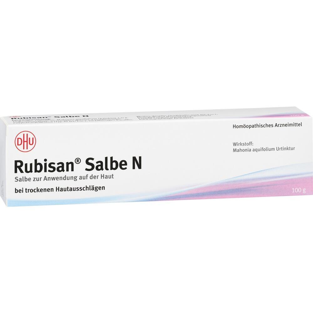 Weiße Verpackung von Rubisan Salbe N für trockene Hautausschläge.