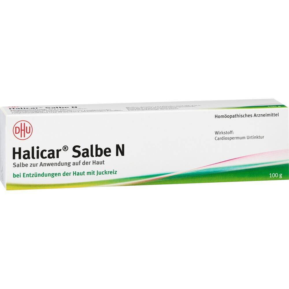 Weiße Schachtel mit der Aufschrift "Halicar Salbe N" für Hautentzündungen mit Juckreiz.