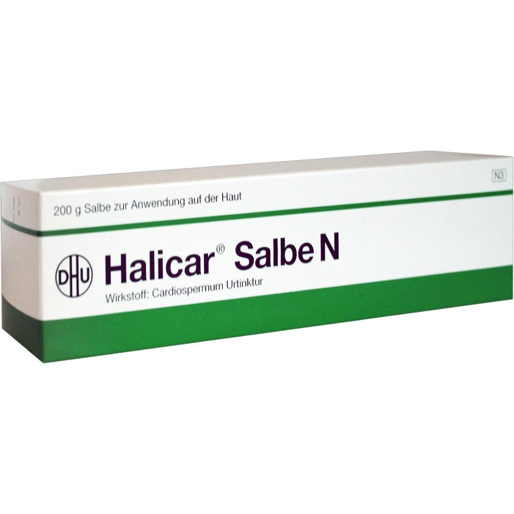 Weiße und grüne Packung einer Salbe mit dem Namen "Halicar Salbe N".