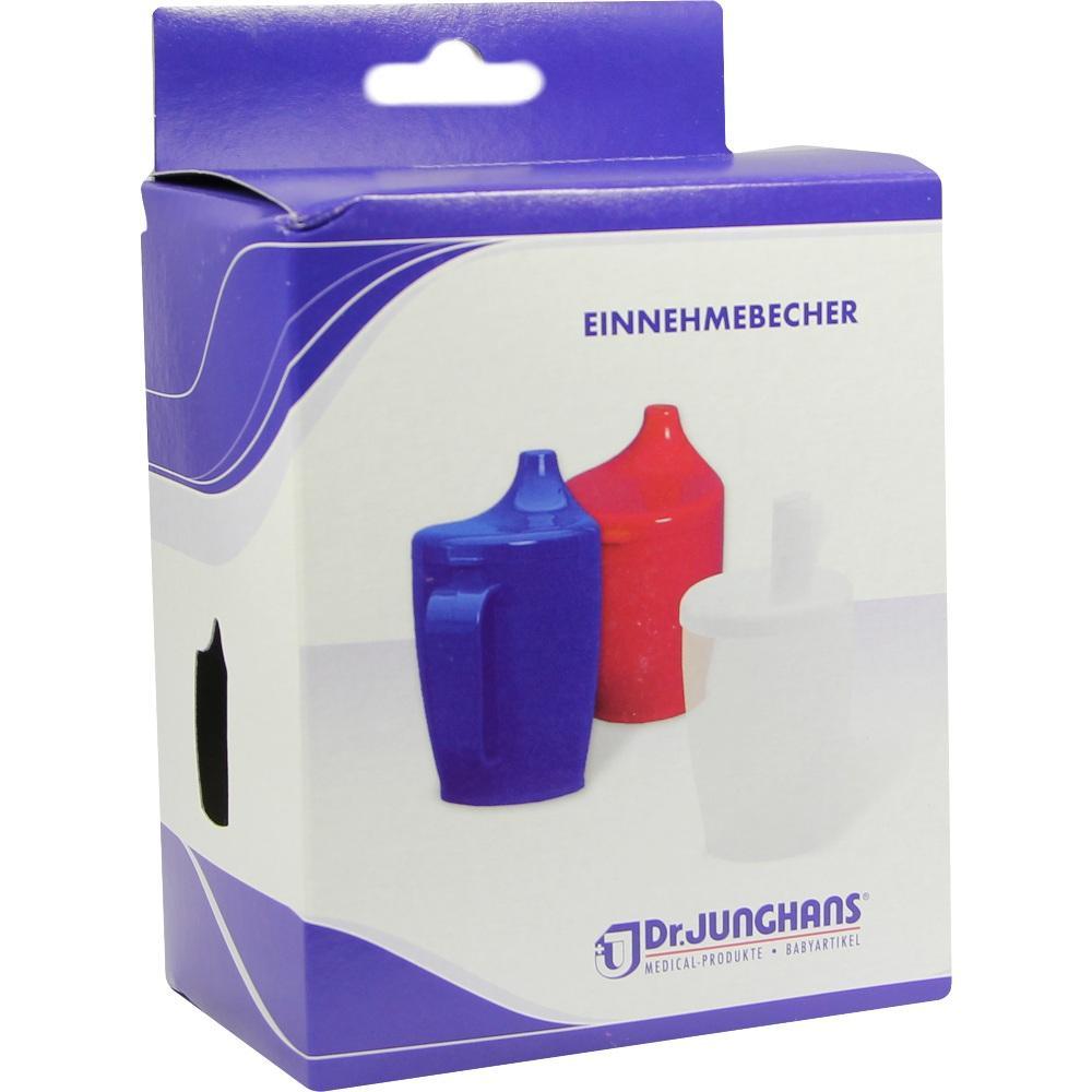 Auf der Verpackung sind drei bunte Einnehmbecher abgebildet.