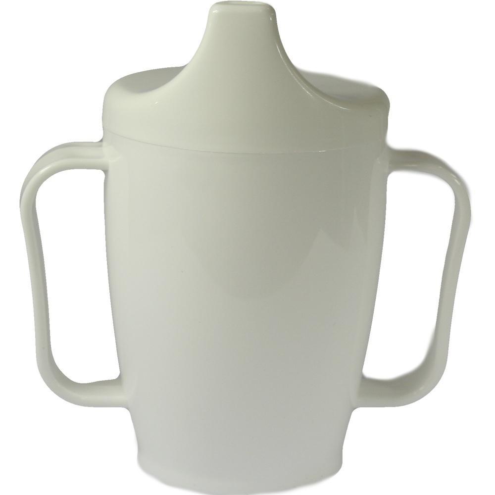 Ein weißer Trinkbecher mit zwei Henkeln und einem Schnabeldeckel.