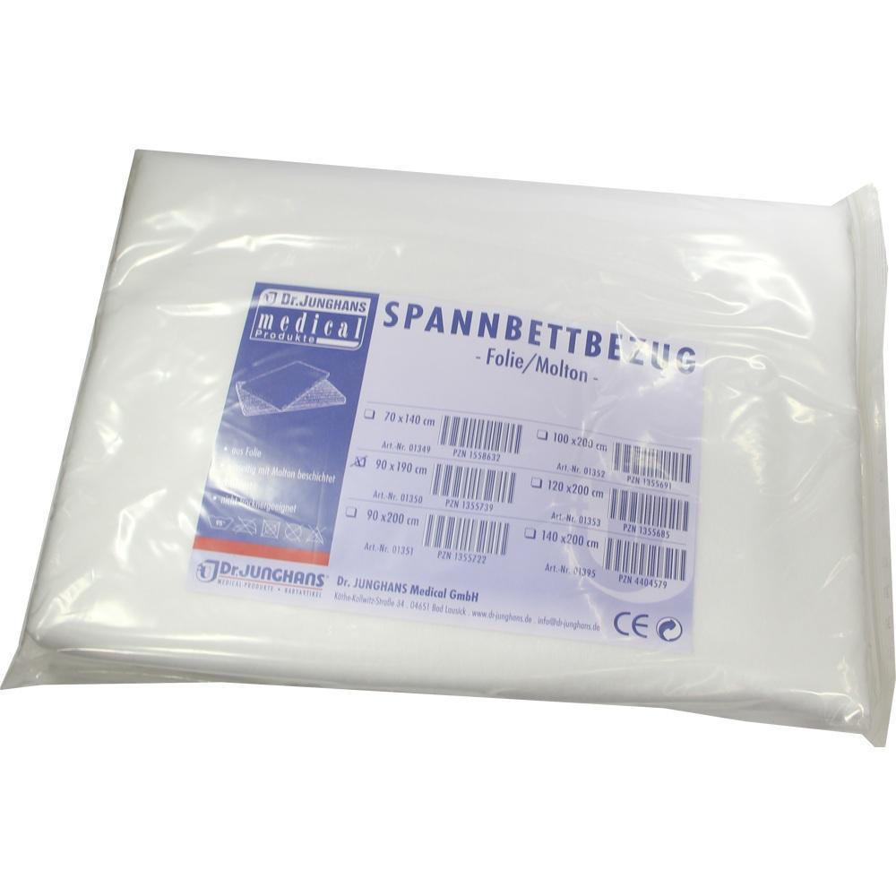 Verpackter wei&szlig;er Spannbettbezug mit blauer Produktbeschreibung auf der Vorderseite.