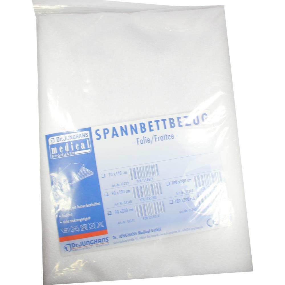 Verpackter Spannbettbezug aus Folie und Frottee in wei&szlig;er Farbe.