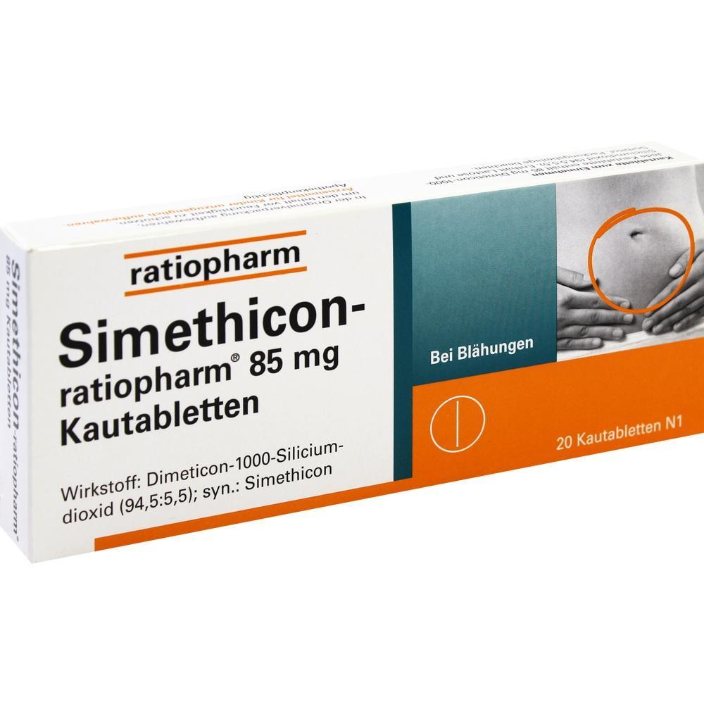 Verpackung von Simethicon-Kautabletten zur Linderung von Blähungen.