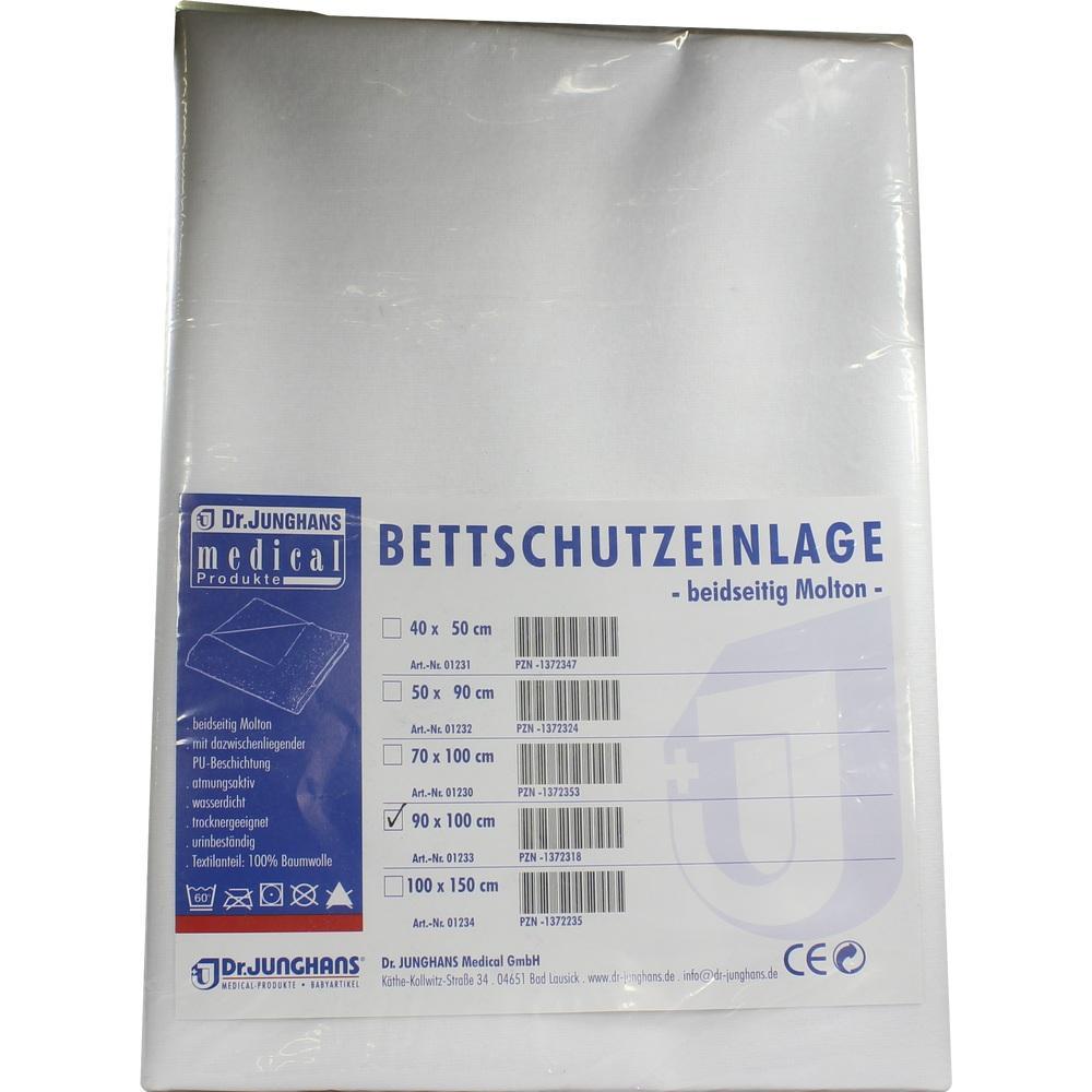 Eine Bettschutzunterlage von Dr. Junghans in wei&szlig;er Verpackung mit Gr&ouml;&szlig;enangaben.