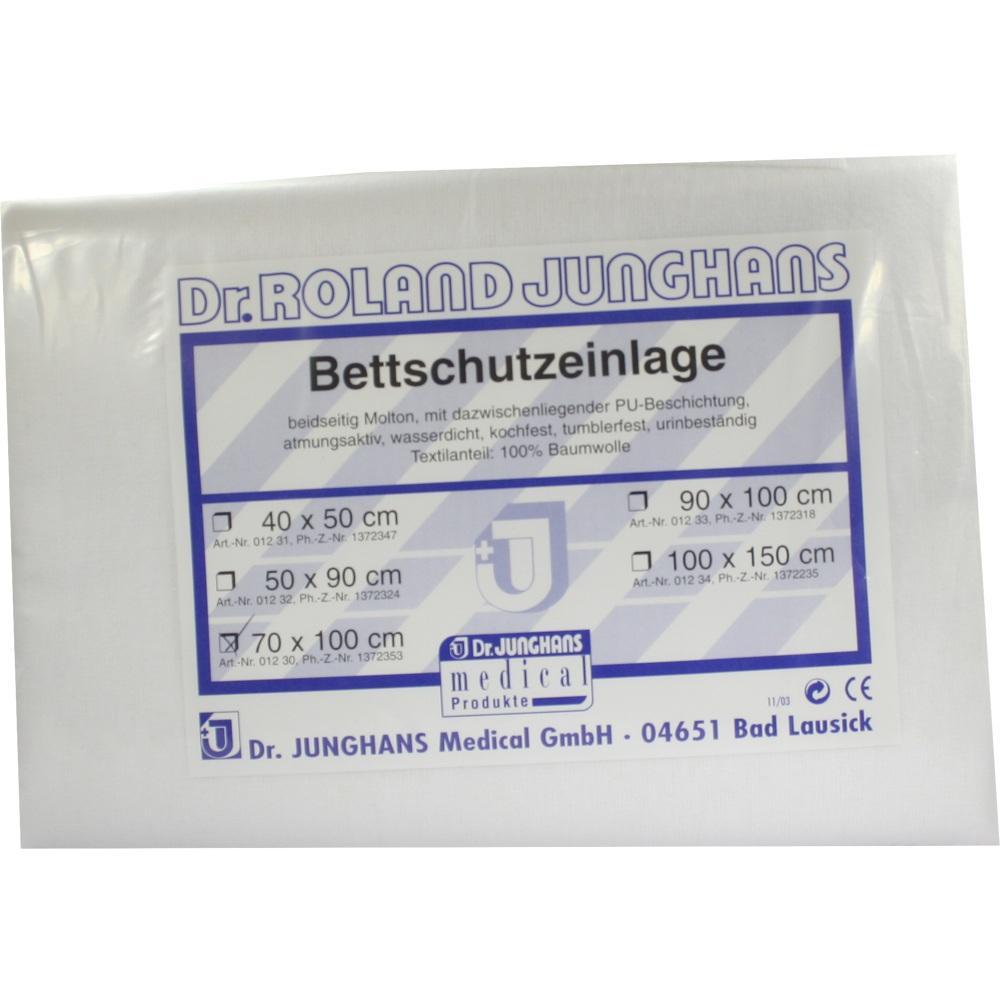 Verpackte Bettschutzauflage mit Gr&ouml;&szlig;enangaben und medizinischem Logo auf wei&szlig;em Hintergrund.