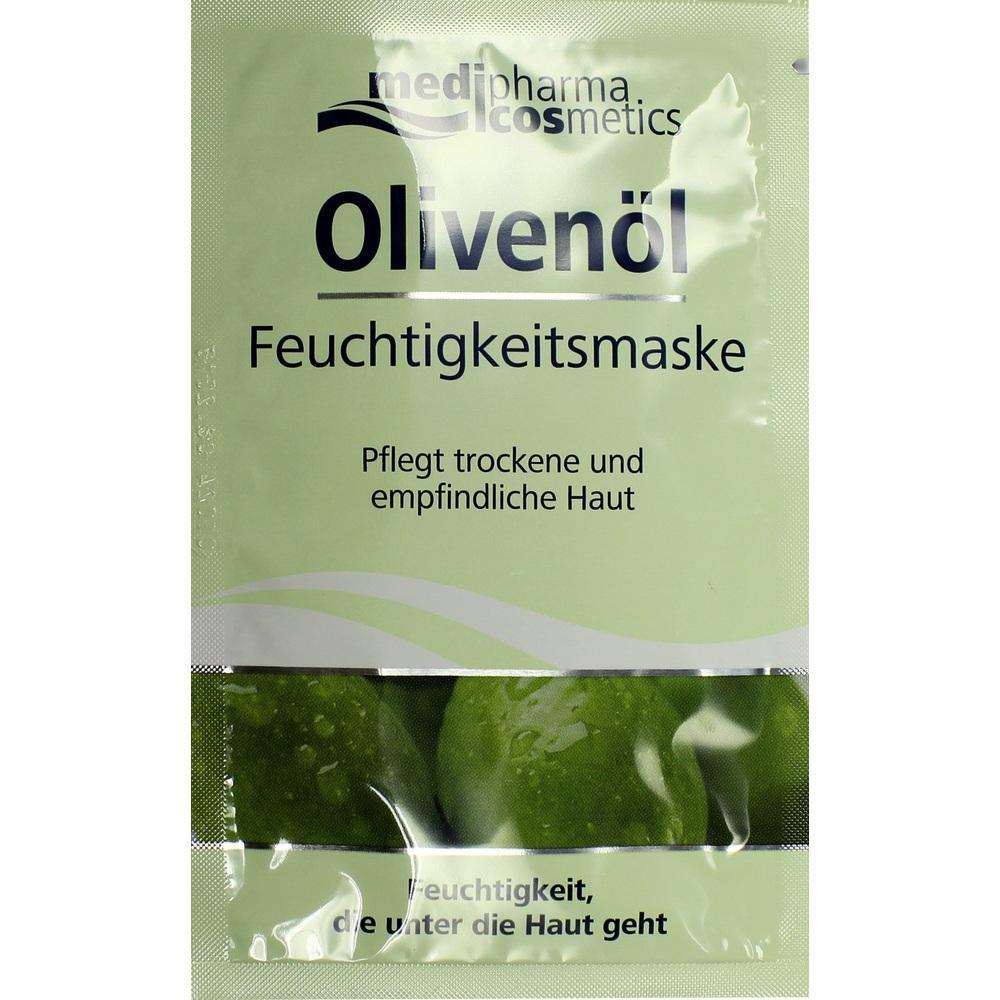 Ein grüner Beutel mit einer Olivenöl-Feuchtigkeitsmaske für trockene und empfindliche Haut.