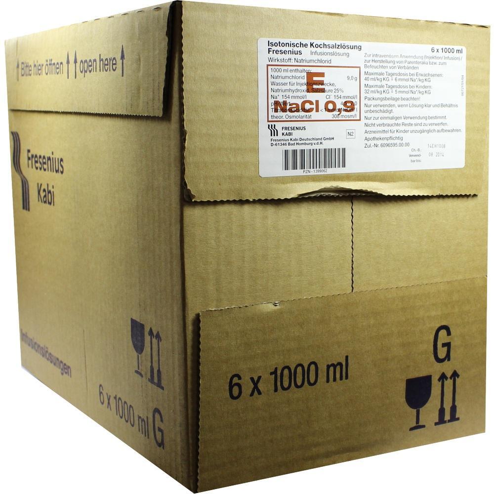 Ein brauner Karton mit Etikett, das Kochsalzl&ouml;sung beschreibt.