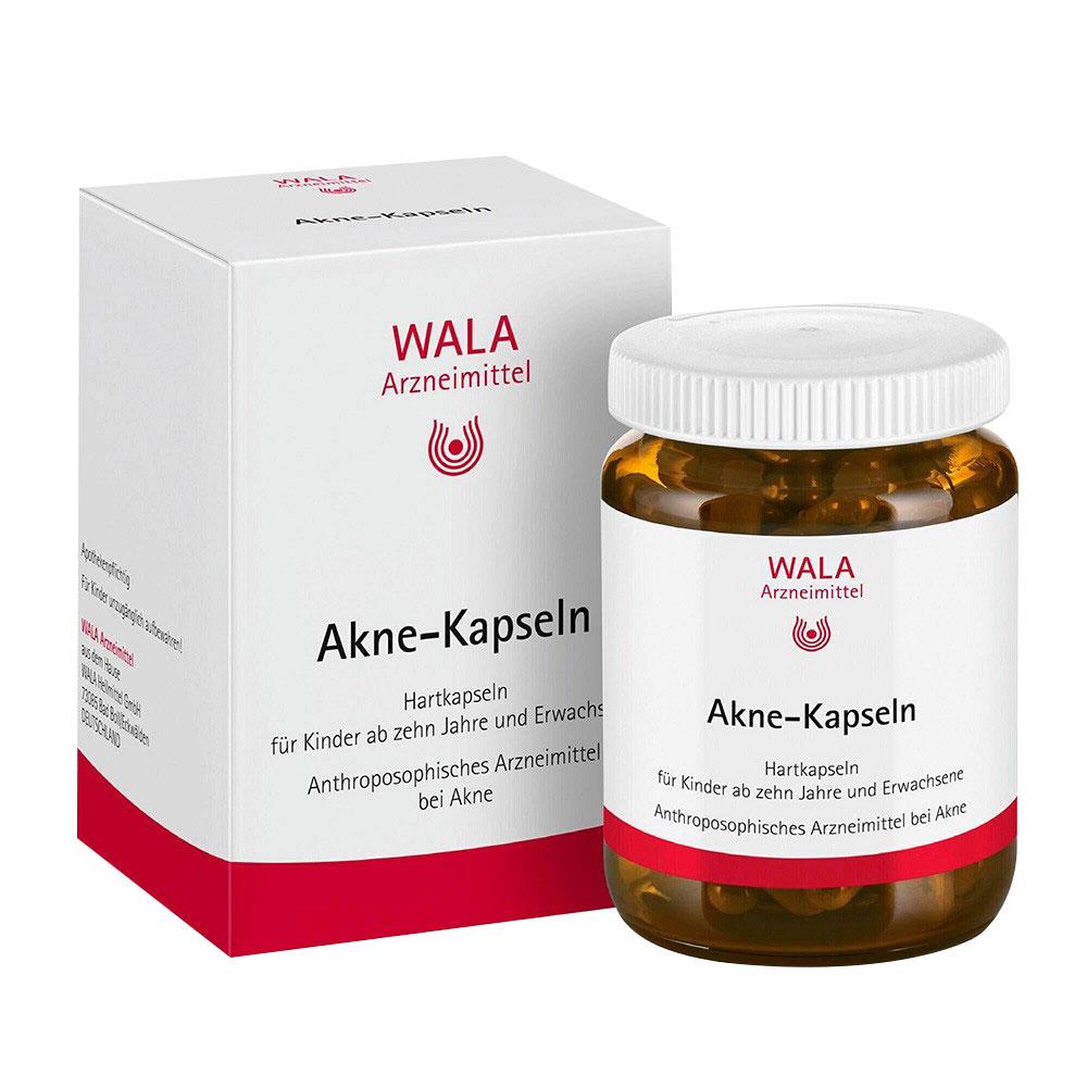 Eine Packung mit 100 Akne-Kapseln von WALA für die Haut.
