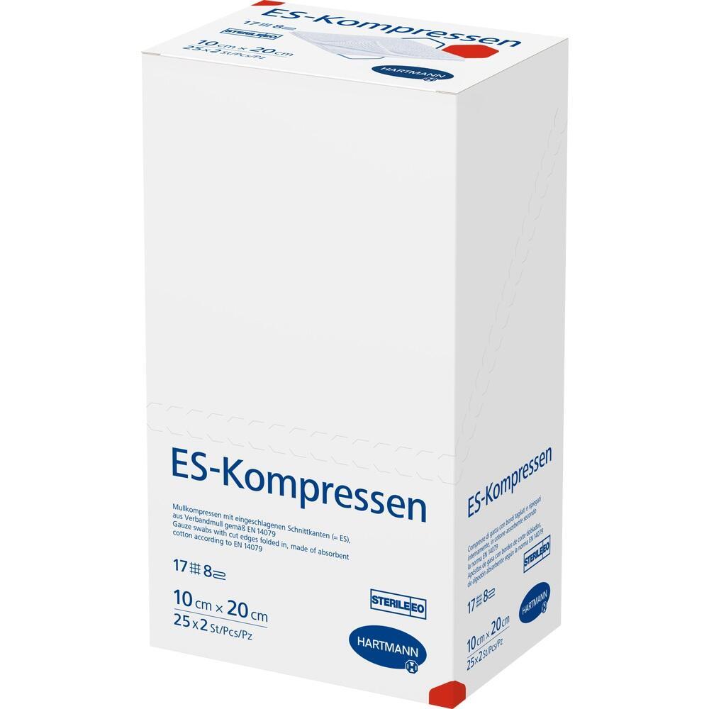 Wei&szlig;e Box mit der Aufschrift "ES-Kompressen" und Angaben zur Gr&ouml;&szlig;e und Menge der Kompressen.