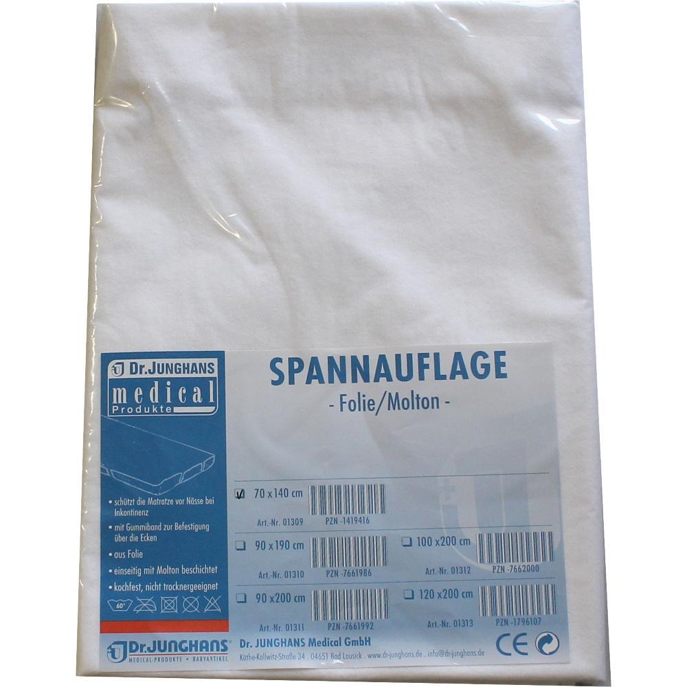 Verpackte Spannauflage aus wei&szlig;em Stoff mit Produktinformationen auf einem blauen Etikett.