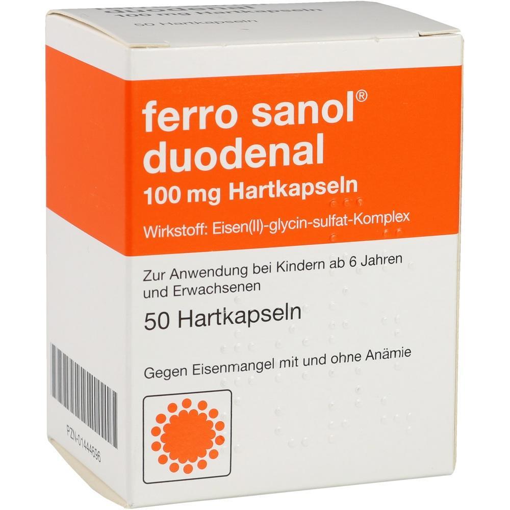Eine Packung ferro sanol duodenal mit 100 mg Eisentabletten.
