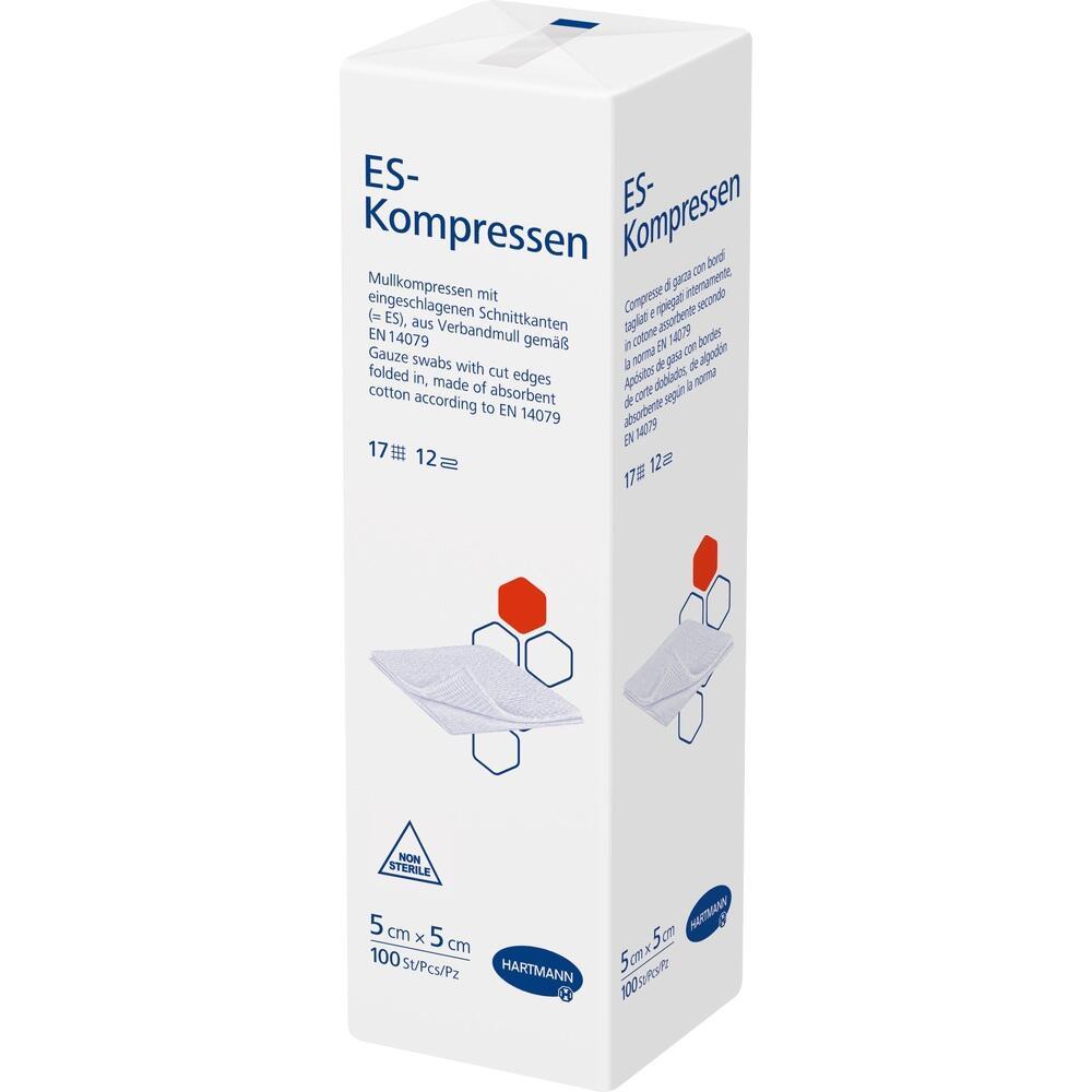 Wei&szlig;e Verpackung mit der Aufschrift "ES-Kompressen" und einem Bild von Mullkompressen.