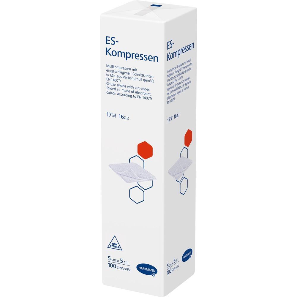 Eine wei&szlig;e Packung mit Mullkompressen und blauer und roter Aufschrift.