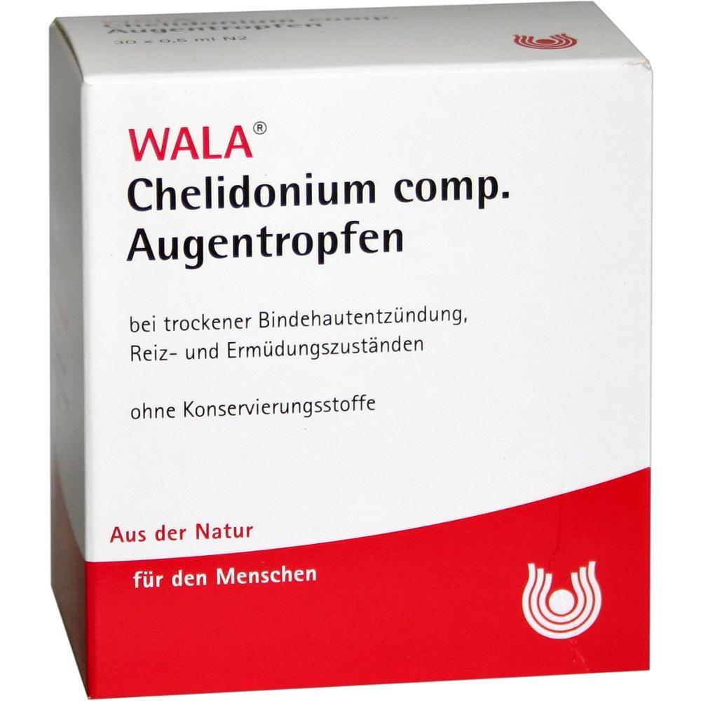 Wei&szlig;e Packung mit der Aufschrift "Chelidonium comp. Augentropfen" von Wala.