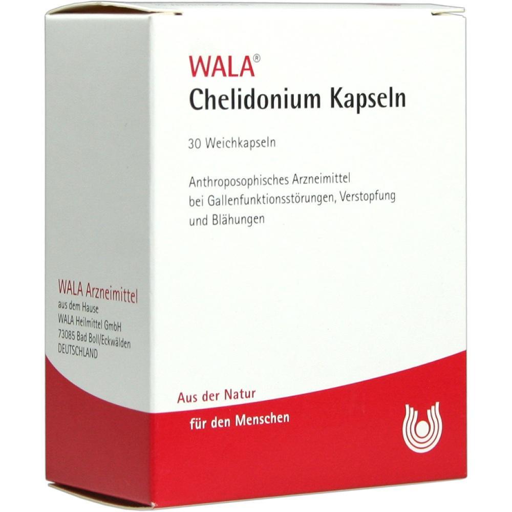 Eine Packung WALA Chelidonium Kapseln gegen Gallest&ouml;rungen und Bl&auml;hungen.
