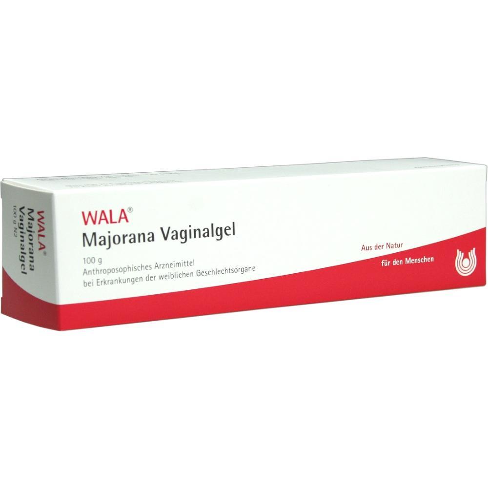 Weiße Kartonverpackung mit rotem Design und der Aufschrift "Majorana Vaginalgel".