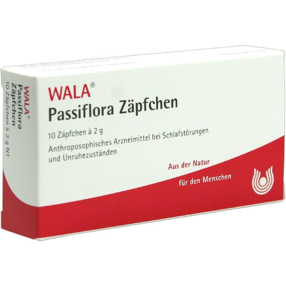 Packung mit 10 Passiflora-Zäpfchen für Schlafstörungen.