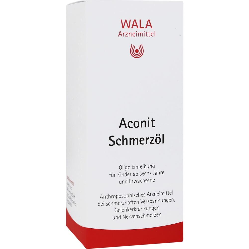 Weiße Schachtel mit der Aufschrift "Aconit Schmerzöl" von WALA Arzneimittel.