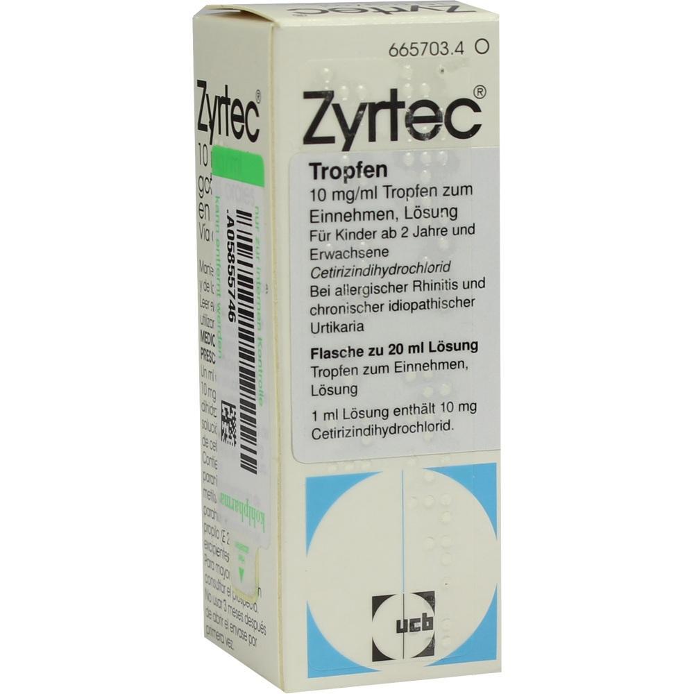 Eine Box f&uuml;r Zyrtec-Tropfen zur Behandlung von Allergien und Urtikaria.