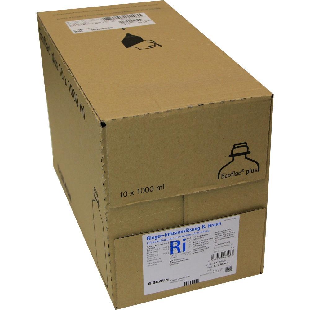 Ein brauner Pappkarton mit medizinischen Infusionsl&ouml;sungen.