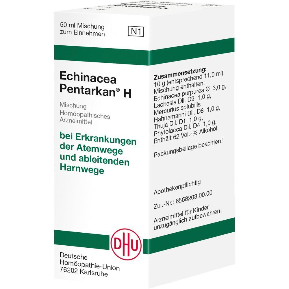 Weiße Medikamentenschachtel mit grünem Streifen und Aufschrift "Echinacea Pentarkan H".