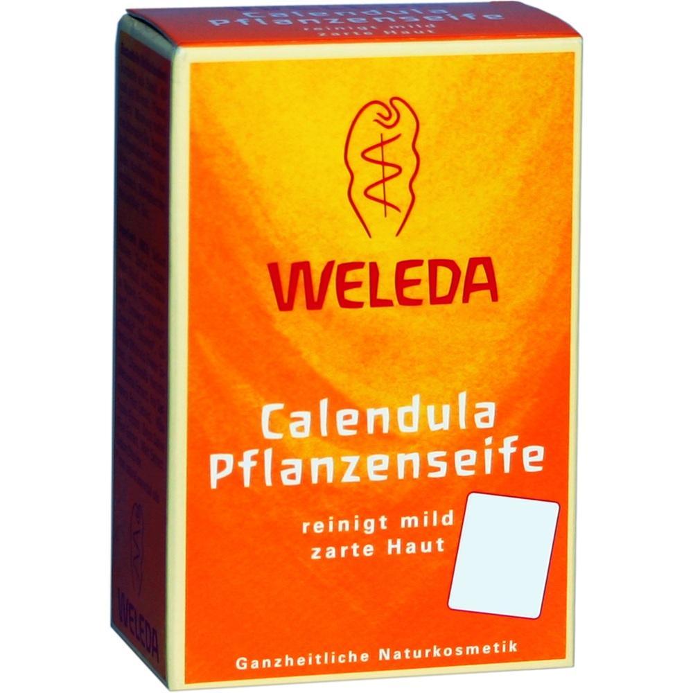Eine orange Schachtel mit Calendula Pflanzenseife von Weleda.