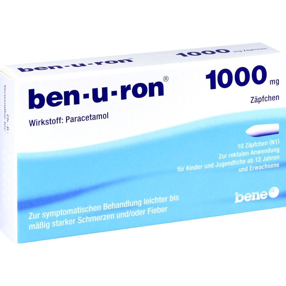 Weiße Medikamentenverpackung mit der Aufschrift "ben-u-ron 1000 mg Zäpfchen".