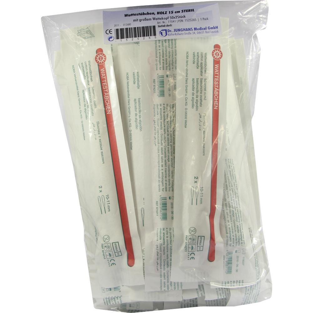 Ein Beutel mit vielen verpackten, sterilen Wattest&auml;bchen aus Holz.