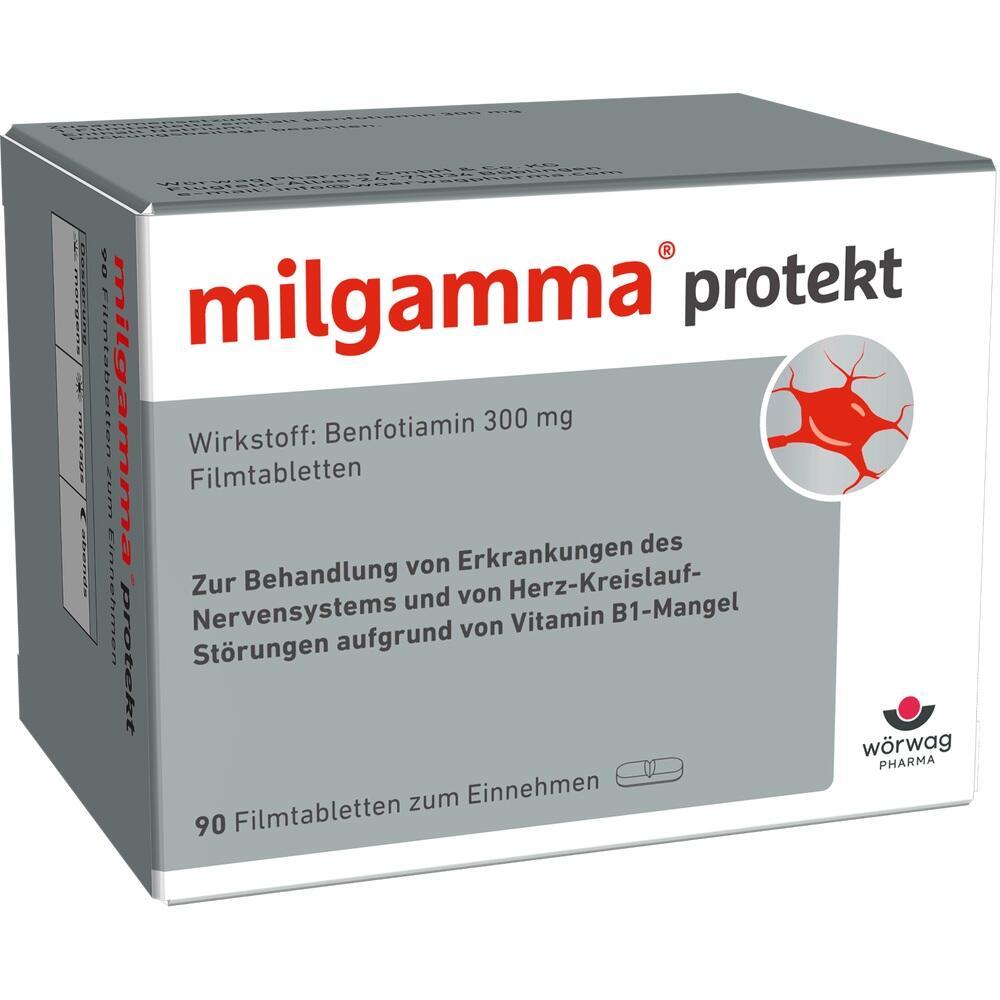 Graue Medikamentenpackung mit rotem Text und 90 Tabletten gegen Vitamin B1-Mangel.