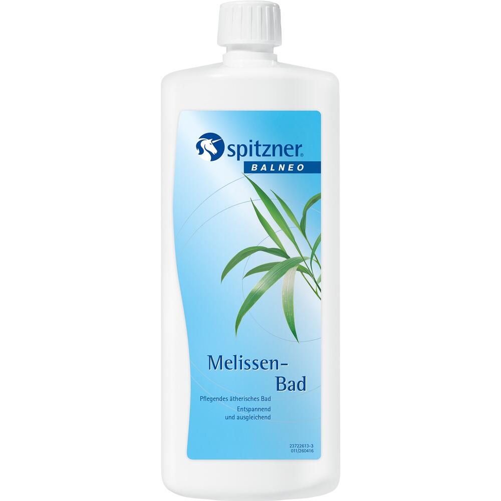 Eine Flasche Melissen-Bad mit blauem Etikett und Pflanzenbild.