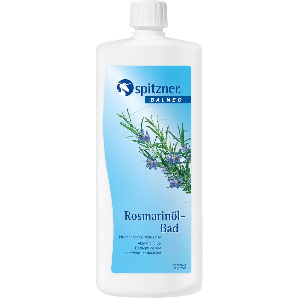 Flasche mit Rosmarin&ouml;l-Bad von Spitzner, blauer Hintergrund mit Rosmarin-Abbildung.