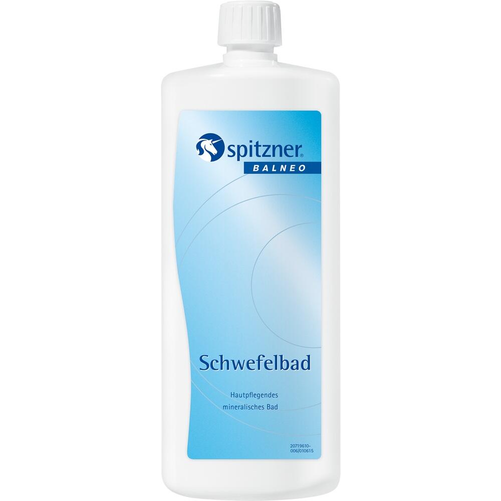 Weiße Flasche mit blauem Etikett und der Aufschrift "Schwefelbad".