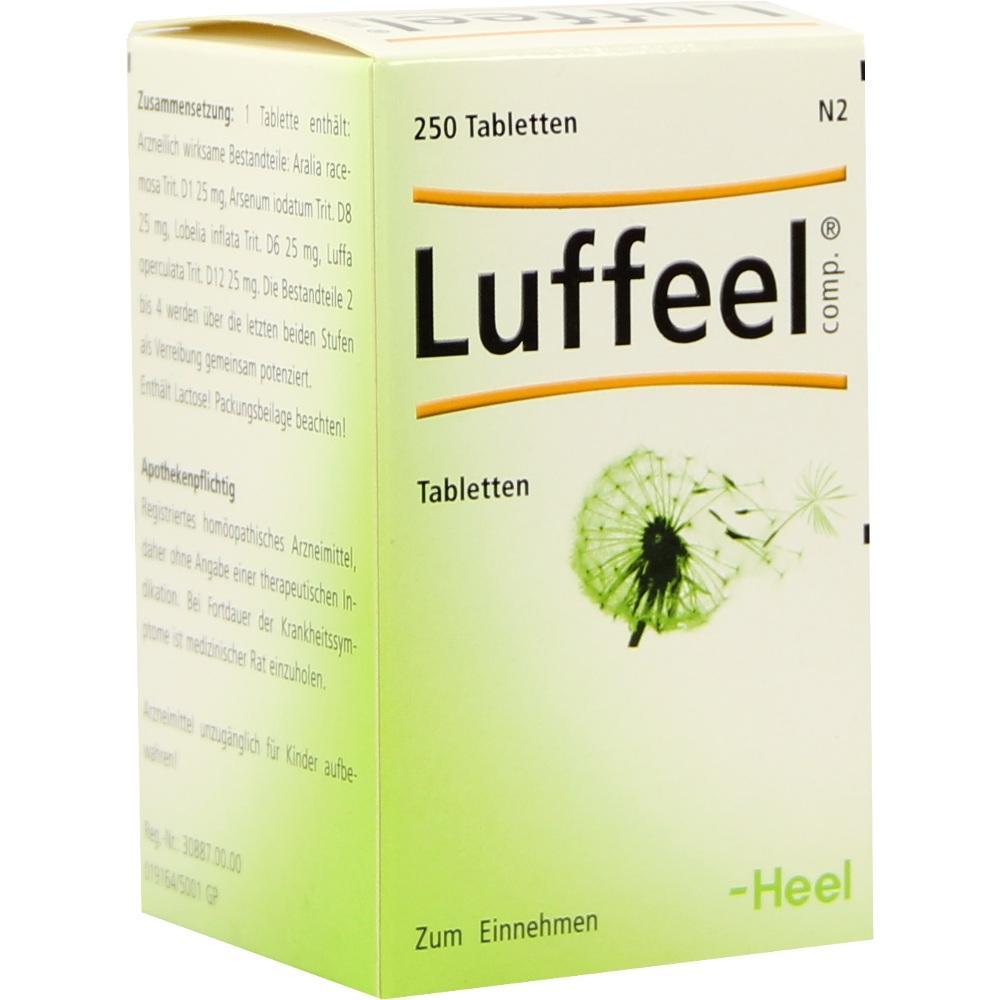 Eine Packung Luffeel-Tabletten mit 250 Stück und einer Pusteblume darauf.