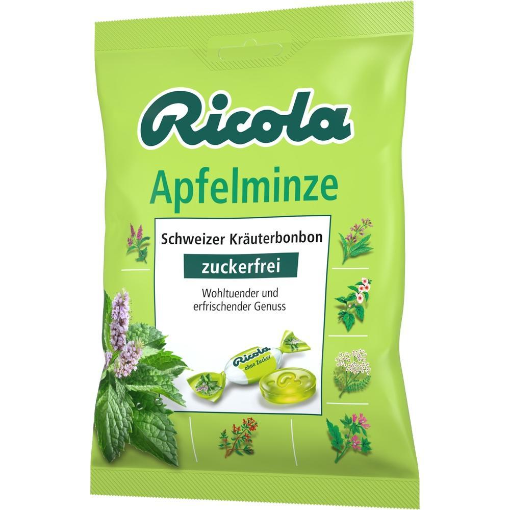 Grüne Tüte Ricola Apfelminze Bonbons, zuckerfrei und wohltuend.