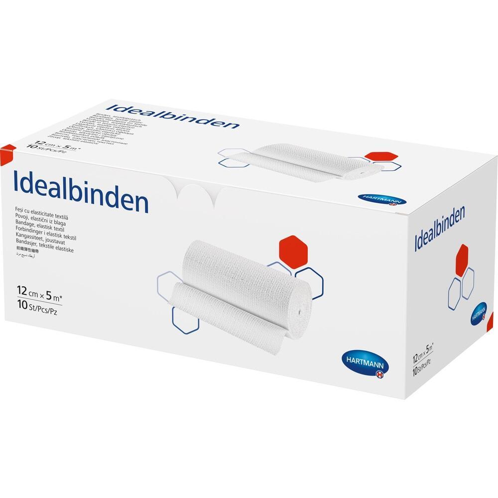 Wei&szlig;e Schachtel mit der Aufschrift "Idealbinden" und Abbildung von elastischen Binden.
