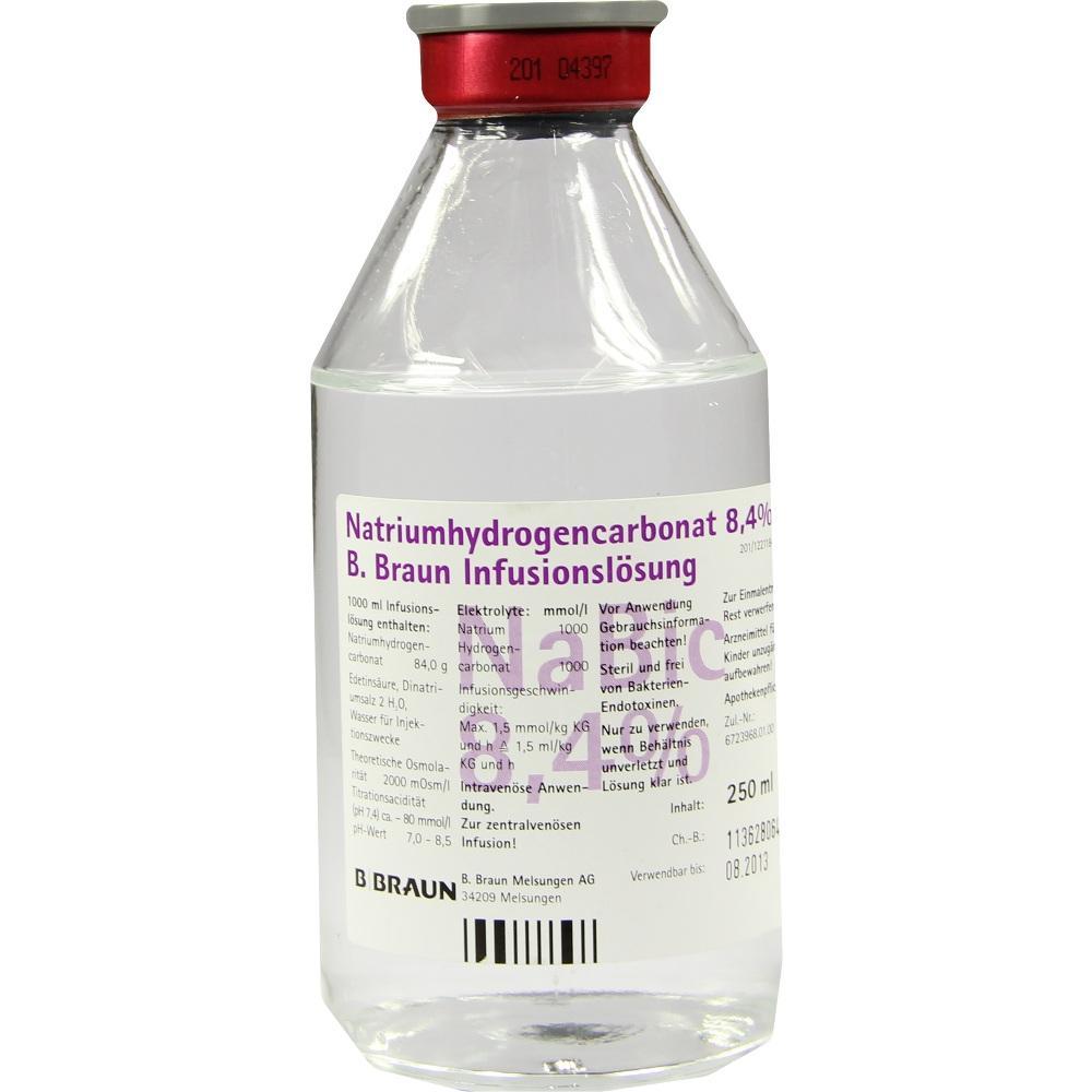 Eine Flasche mit Natriumhydrogencarbonat-Infusionsl&ouml;sung von B. Braun.