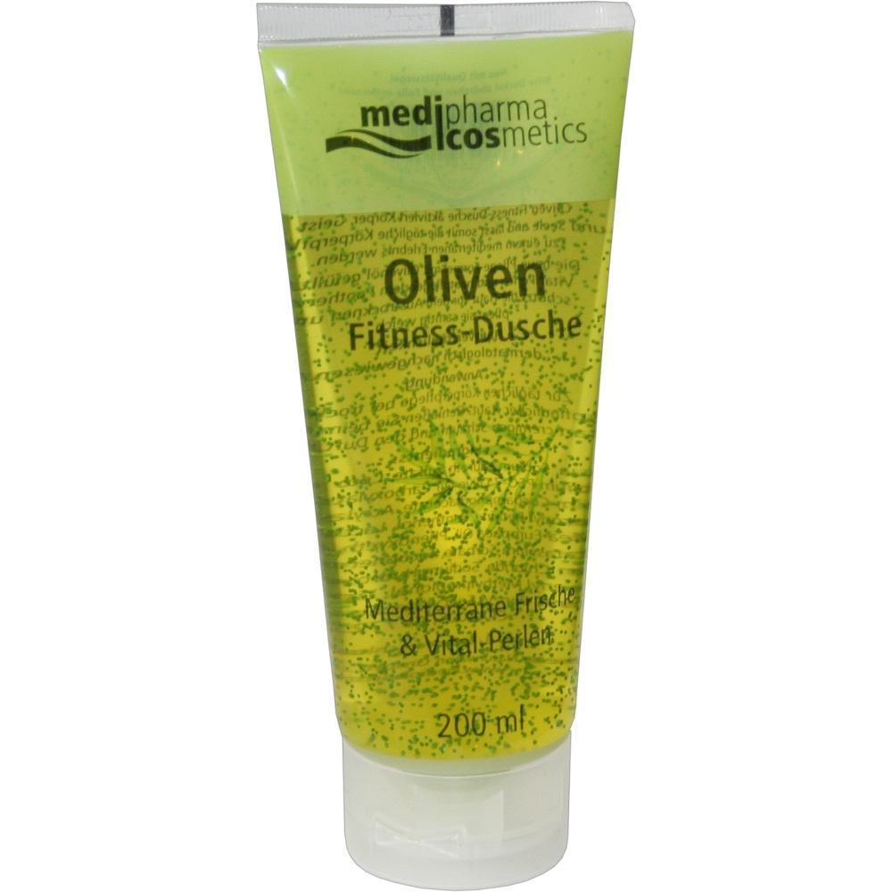 Eine Tube mit Olivenduft Fitness-Dusche steht aufrecht.