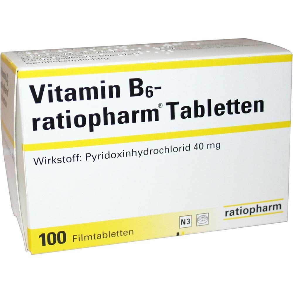 Packung mit Vitamin B6-Tabletten von Ratiopharm, 100 Stück.