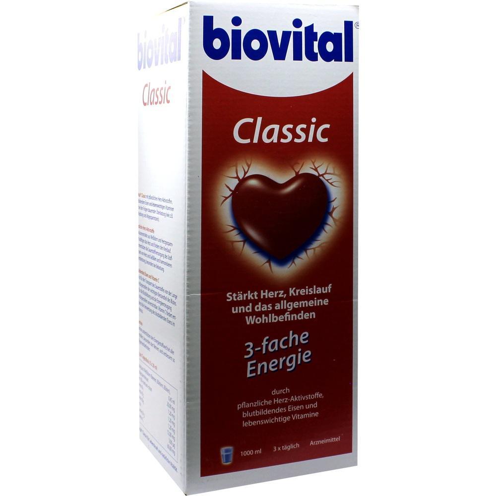 Eine wei&szlig;e Verpackung mit rotem Herzbild und dem Text "biovital Classic".