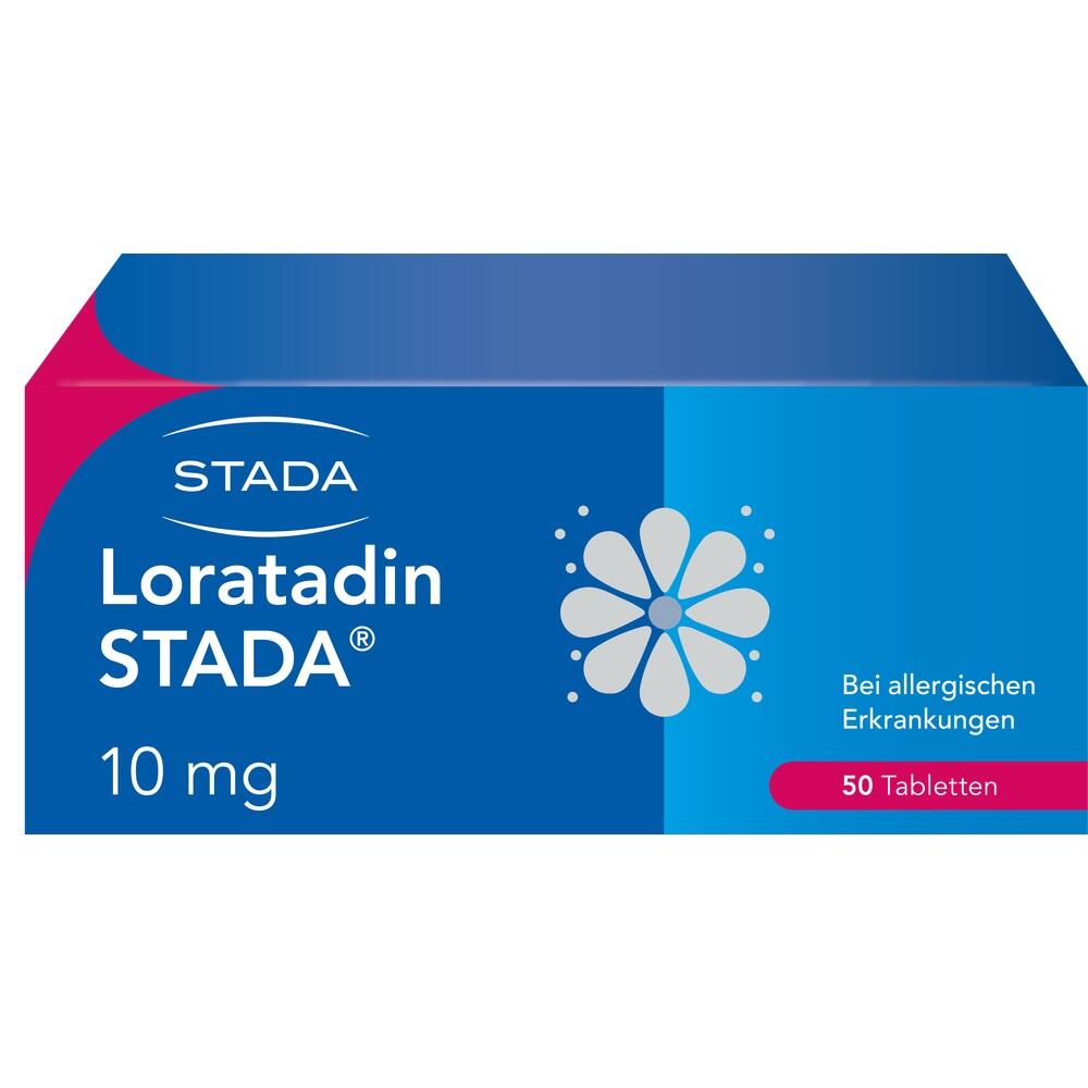 Eine blaue Medikamentenverpackung mit 50 Loratadin-Tabletten für Allergien.